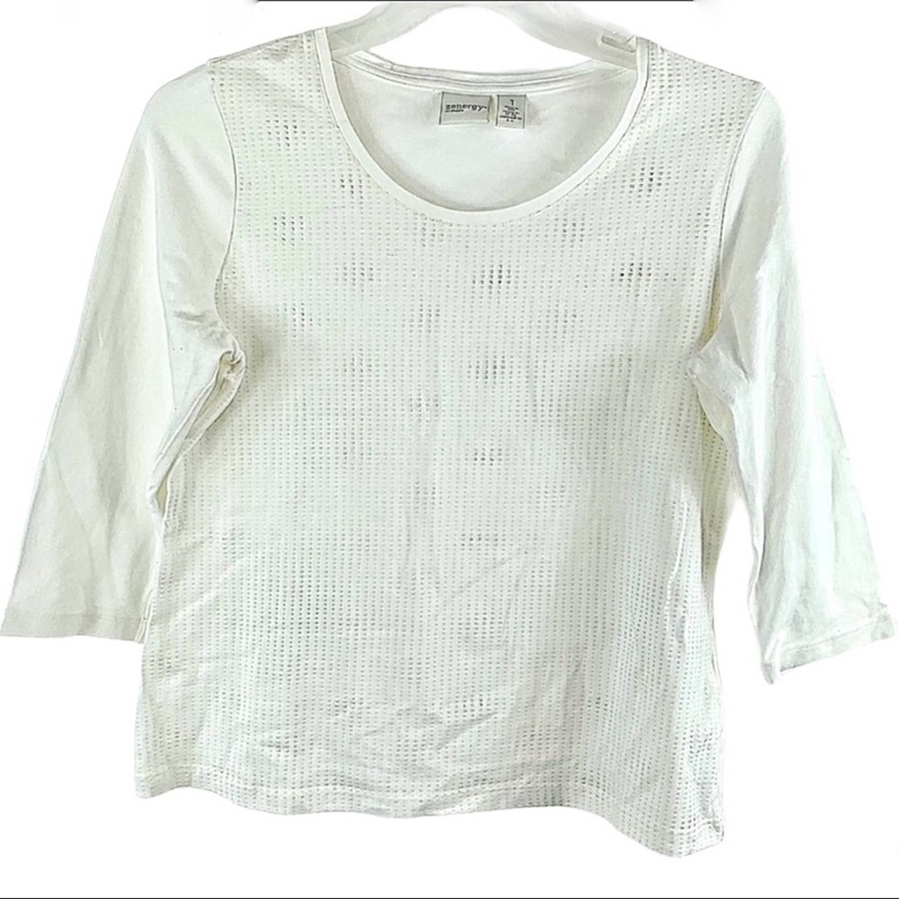 Women's Chico’s Zenergy White 3/4 Sleeved Top, Shiny Accents, Medium, (Chicos 1)
